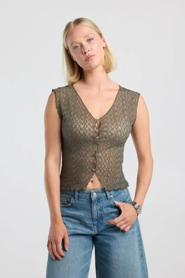 America Today New In|T-Shirts & Tops^Top Gini ouwoze kanten top et V-ha en knoopje